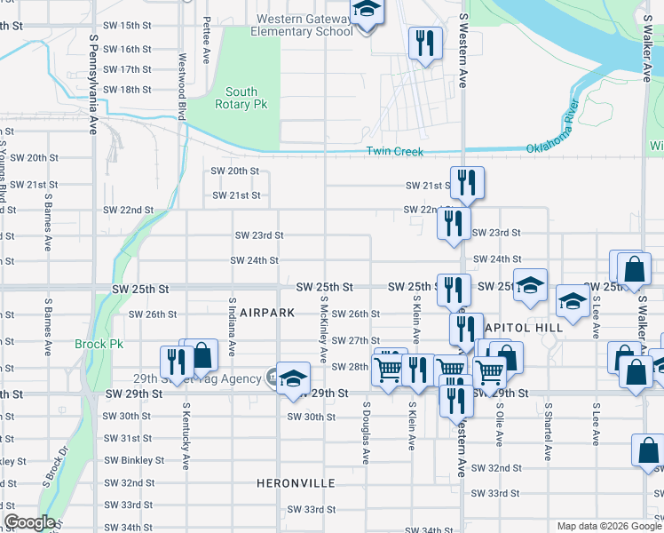 map of restaurants, bars, coffee shops, grocery stores, and more near 1128 Southwest 24th Street in Oklahoma City