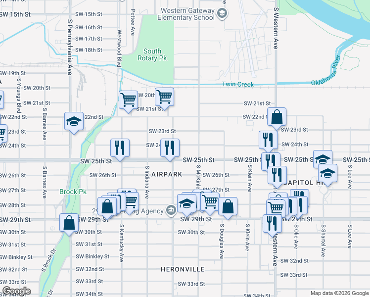 map of restaurants, bars, coffee shops, grocery stores, and more near 1213 Southwest 24th Street in Oklahoma City