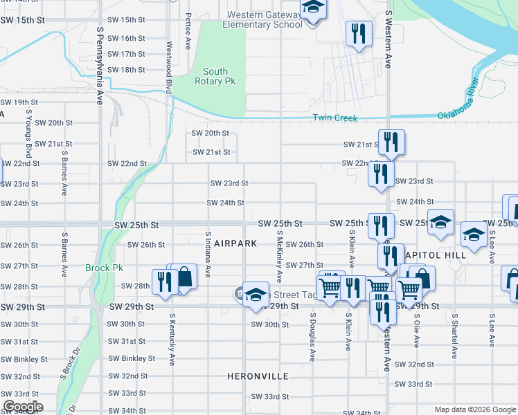 map of restaurants, bars, coffee shops, grocery stores, and more near 1213 Southwest 24th Street in Oklahoma City