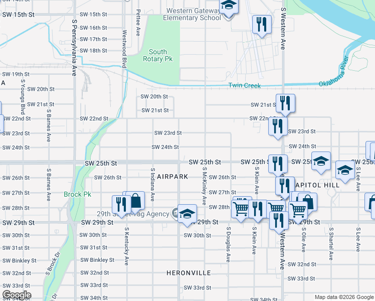 map of restaurants, bars, coffee shops, grocery stores, and more near 1245 Southwest 24th Street in Oklahoma City