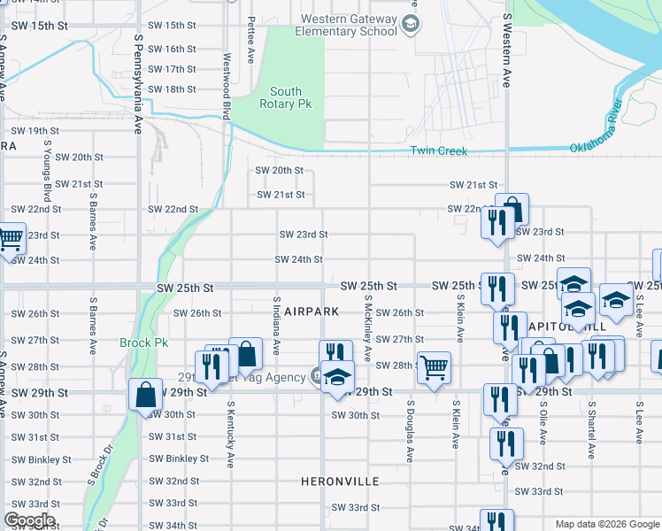 map of restaurants, bars, coffee shops, grocery stores, and more near 1245 Southwest 24th Street in Oklahoma City