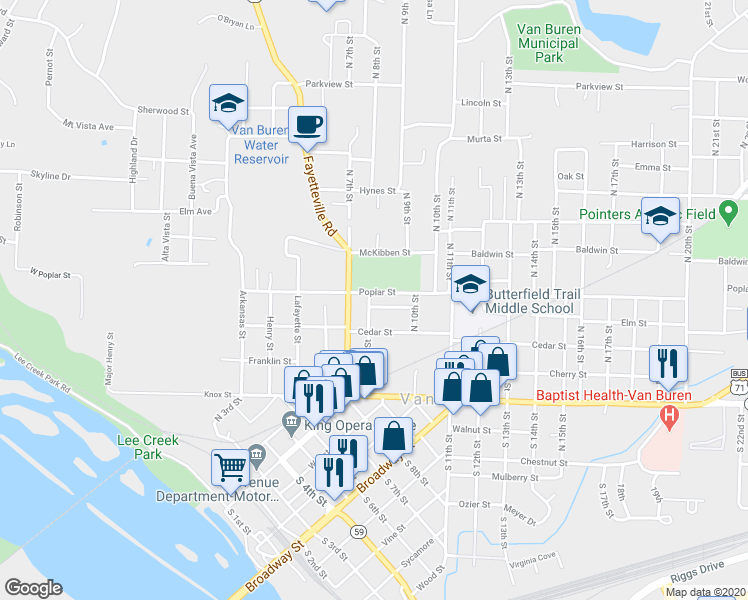 map of restaurants, bars, coffee shops, grocery stores, and more near 222 Cane Hill Street in Van Buren