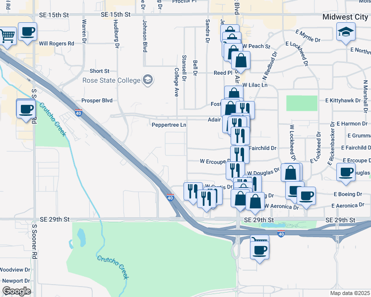 map of restaurants, bars, coffee shops, grocery stores, and more near 471 Harr Drive in Midwest City