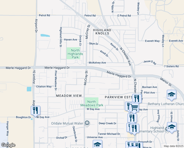 map of restaurants, bars, coffee shops, grocery stores, and more near 3731 Meadow Run Lane in Bakersfield