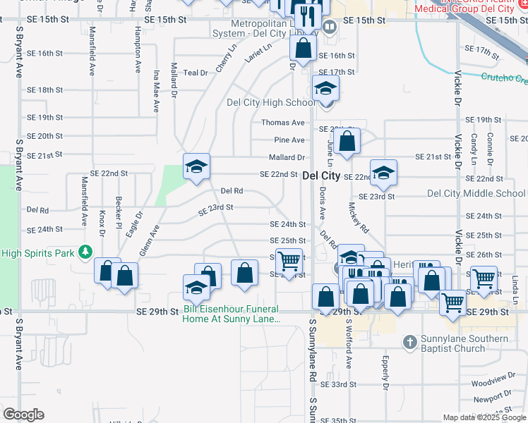 map of restaurants, bars, coffee shops, grocery stores, and more near 4100 Southeast 23rd Street in Del City