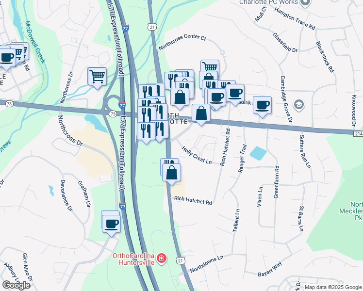 map of restaurants, bars, coffee shops, grocery stores, and more near 16408 Holly Crest Lane in Huntersville