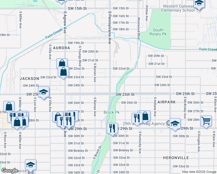 map of restaurants, bars, coffee shops, grocery stores, and more near 2421 South Pennsylvania Avenue in Oklahoma City