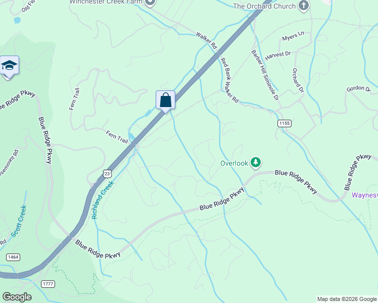map of restaurants, bars, coffee shops, grocery stores, and more near 290 Sams Trail in Waynesville