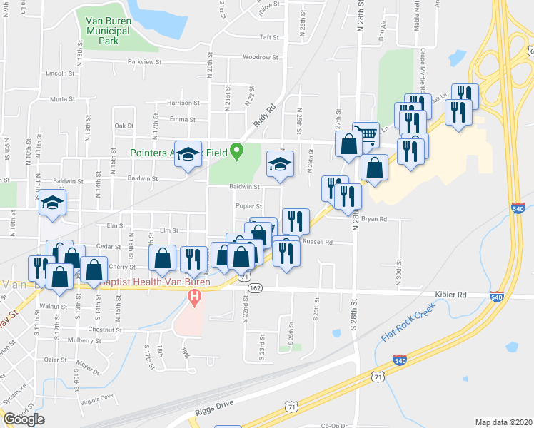 map of restaurants, bars, coffee shops, grocery stores, and more near 402 North 23rd in Van Buren
