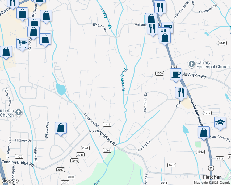 map of restaurants, bars, coffee shops, grocery stores, and more near 104 Allard Lyda Way in Fletcher