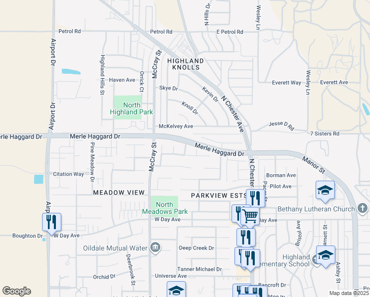 map of restaurants, bars, coffee shops, grocery stores, and more near 3727 Park Mountain Drive in Bakersfield