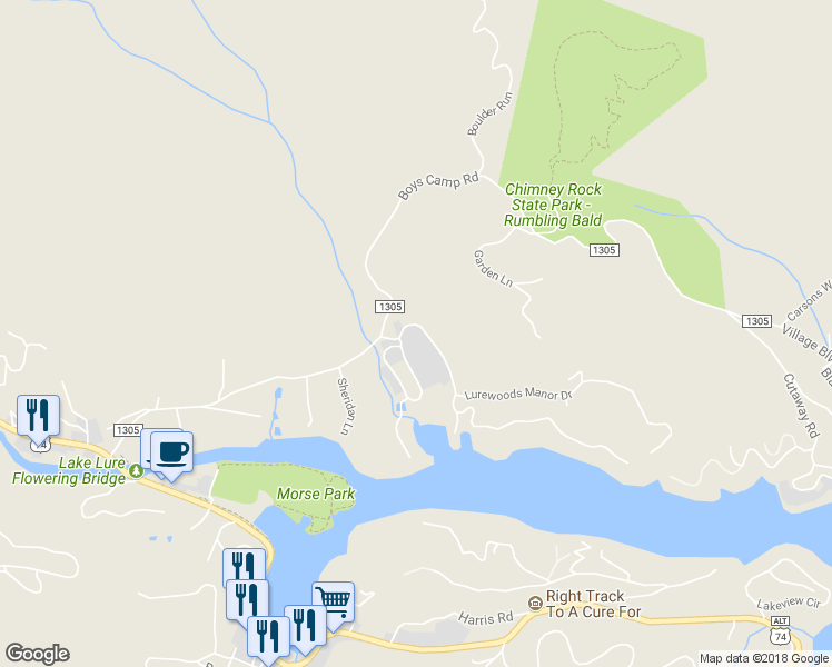 map of restaurants, bars, coffee shops, grocery stores, and more near 134 Chapel Point Road in Lake Lure