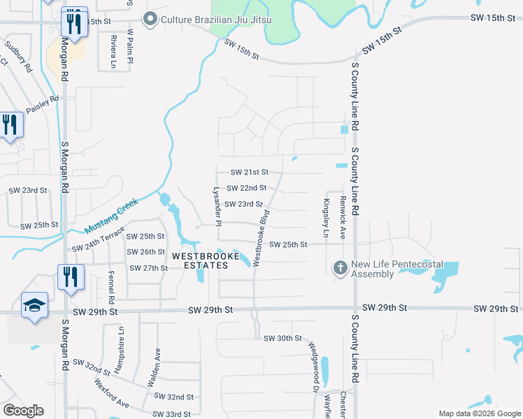 map of restaurants, bars, coffee shops, grocery stores, and more near 9301 Southwest 23rd Street in Oklahoma City