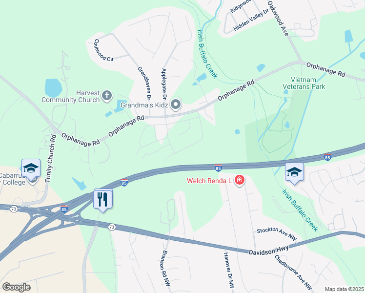 map of restaurants, bars, coffee shops, grocery stores, and more near 4115 Orphanage Road in Concord