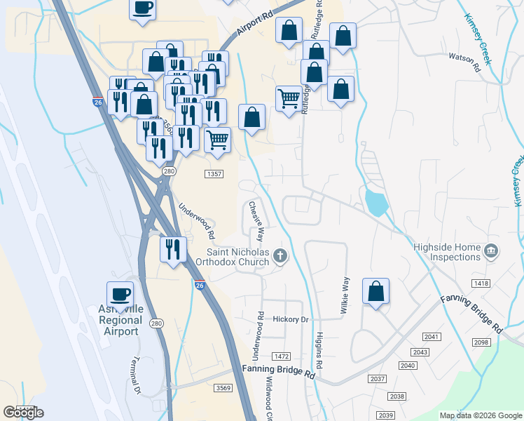 map of restaurants, bars, coffee shops, grocery stores, and more near 70 Farington Circle in Fletcher