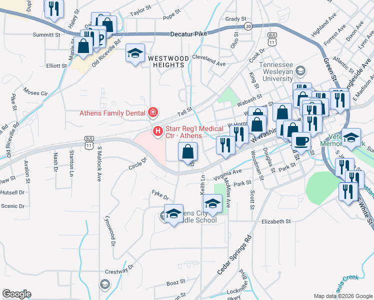 map of restaurants, bars, coffee shops, grocery stores, and more near 115 Fairview Avenue in Athens