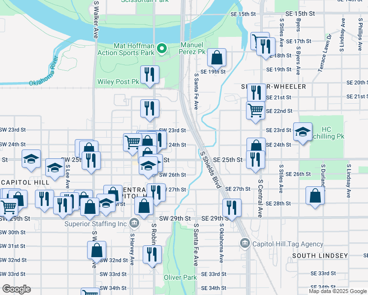 map of restaurants, bars, coffee shops, grocery stores, and more near 22 Southwest 24th Street in Oklahoma City