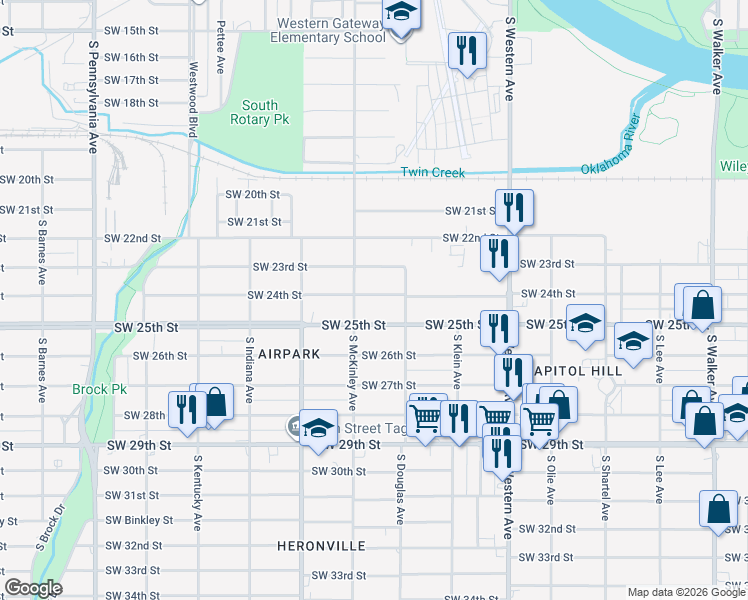 map of restaurants, bars, coffee shops, grocery stores, and more near 1128 Southwest 24th Street in Oklahoma City