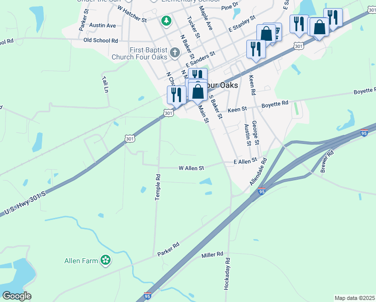 map of restaurants, bars, coffee shops, grocery stores, and more near 143 Creekside Drive in Four Oaks