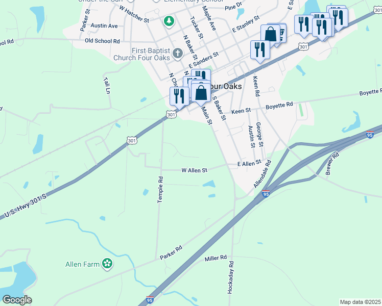 map of restaurants, bars, coffee shops, grocery stores, and more near 143 Creekside Drive in Four Oaks