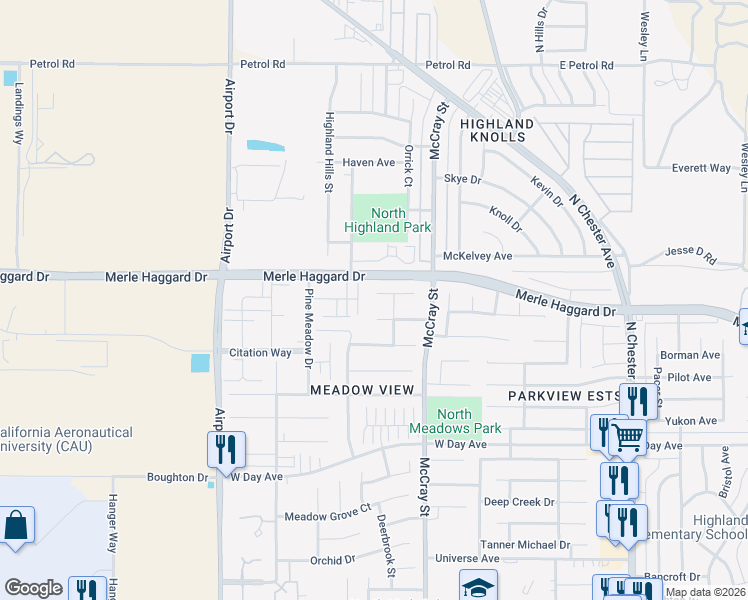 map of restaurants, bars, coffee shops, grocery stores, and more near 557 Blue Meadow Court in Bakersfield