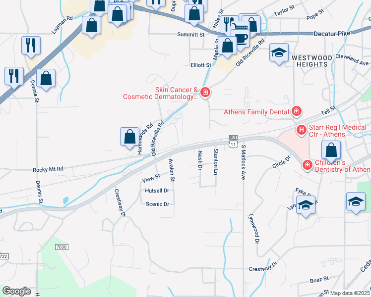 map of restaurants, bars, coffee shops, grocery stores, and more near 1507 West Madison Avenue in Athens