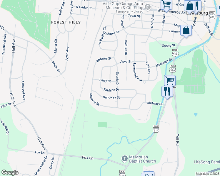 map of restaurants, bars, coffee shops, grocery stores, and more near 956 Fairlane Drive in Lewisburg