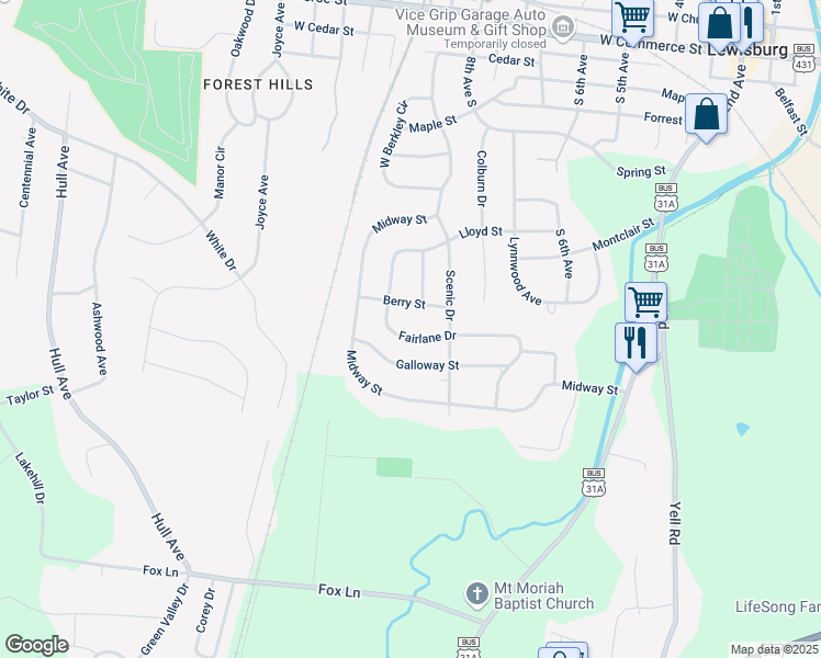 map of restaurants, bars, coffee shops, grocery stores, and more near 956 Fairlane Drive in Lewisburg
