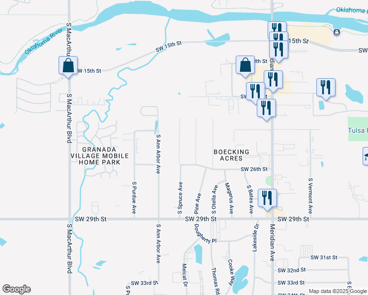 map of restaurants, bars, coffee shops, grocery stores, and more near 2521 South Spruce Avenue in Oklahoma City