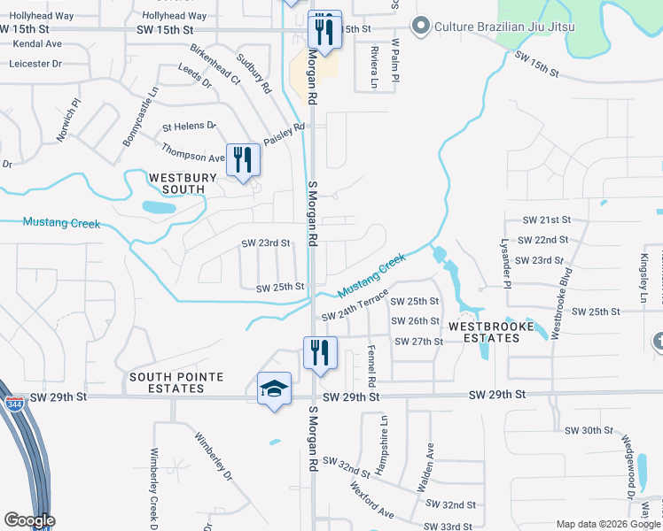map of restaurants, bars, coffee shops, grocery stores, and more near 2598 South Morgan Road in Oklahoma City