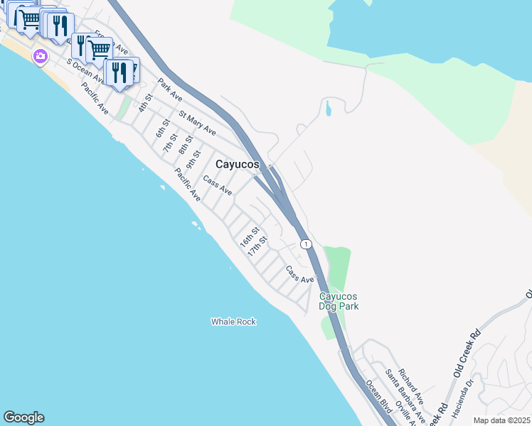 map of restaurants, bars, coffee shops, grocery stores, and more near 1625 Cass Avenue in Cayucos