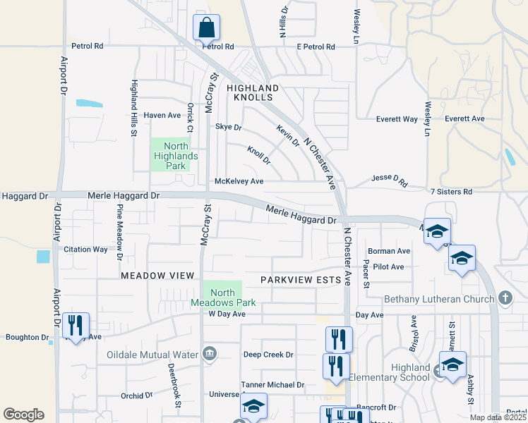 map of restaurants, bars, coffee shops, grocery stores, and more near 3735 Rock Meadow Court in Bakersfield
