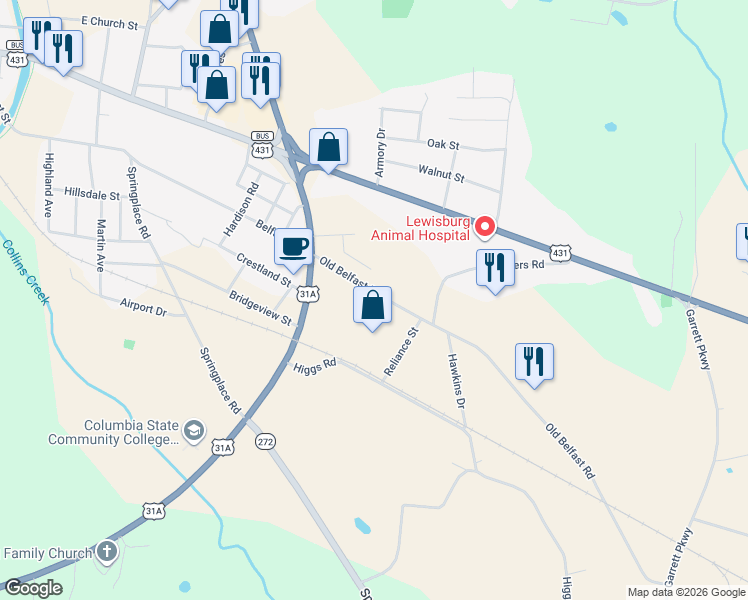 map of restaurants, bars, coffee shops, grocery stores, and more near 961 Old Belfast Road in Lewisburg