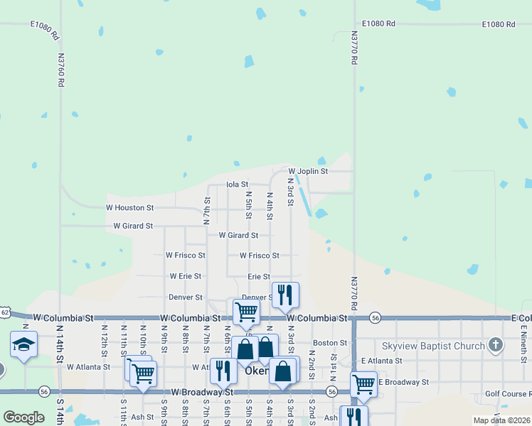 map of restaurants, bars, coffee shops, grocery stores, and more near 814 North 4th Street in Okemah