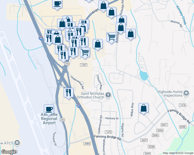 map of restaurants, bars, coffee shops, grocery stores, and more near 185 Chesire Way in Fletcher