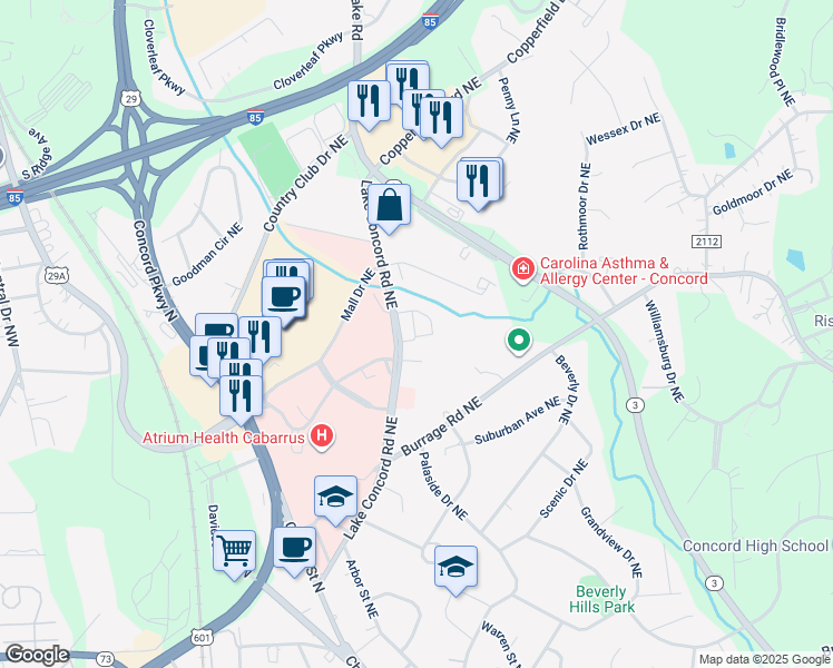 map of restaurants, bars, coffee shops, grocery stores, and more near 1000 Woodbrook Place Northeast in Concord