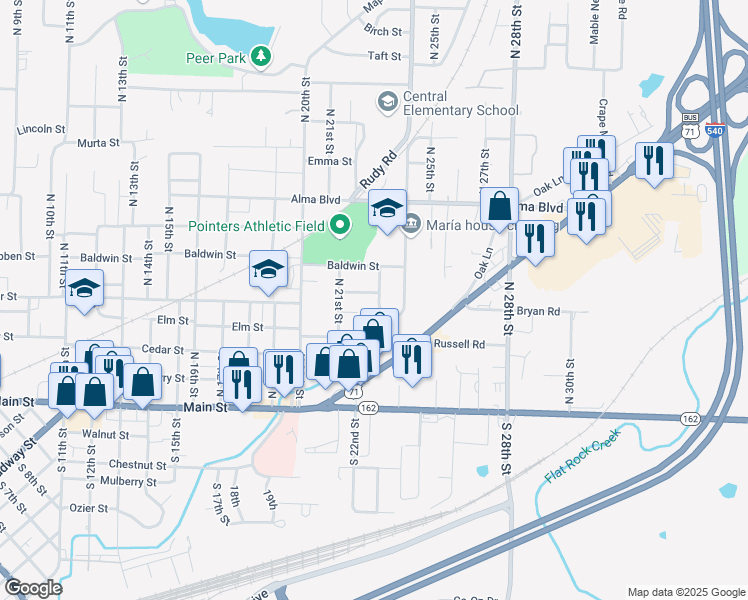 map of restaurants, bars, coffee shops, grocery stores, and more near 2118 Poplar St in Van Buren