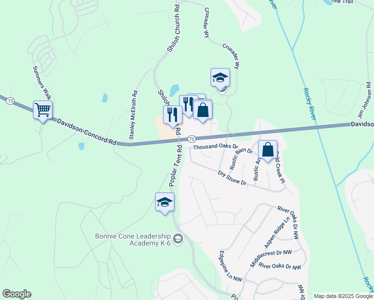 map of restaurants, bars, coffee shops, grocery stores, and more near 11102 Thousand Oaks Drive in Huntersville