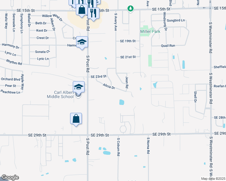 map of restaurants, bars, coffee shops, grocery stores, and more near 10200 Alicia Drive in Midwest City