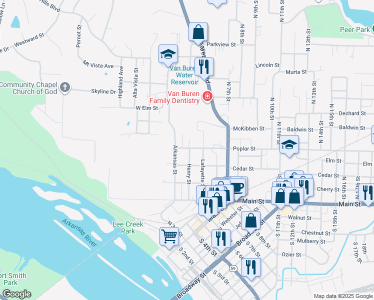 map of restaurants, bars, coffee shops, grocery stores, and more near 416 Poplar Street in Van Buren