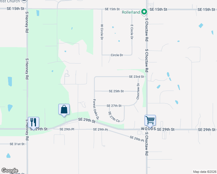 map of restaurants, bars, coffee shops, grocery stores, and more near 14645 Southeast 25th Street in Choctaw
