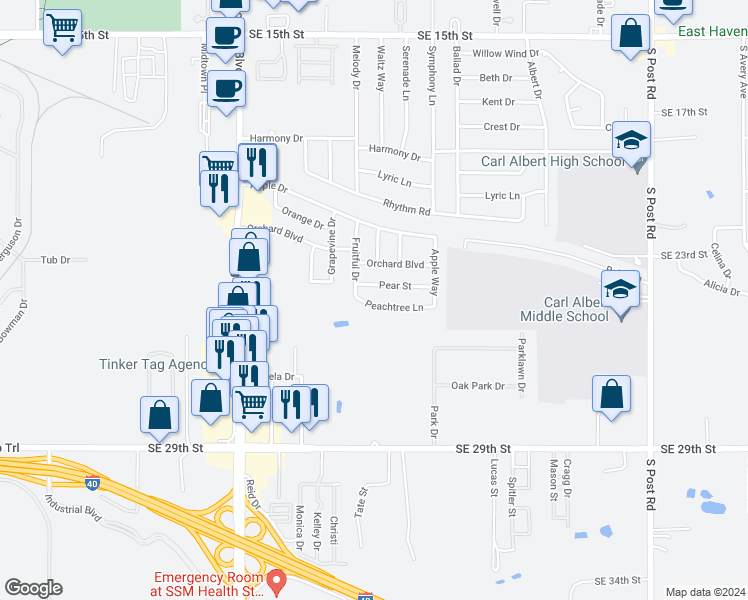 map of restaurants, bars, coffee shops, grocery stores, and more near 9315 Peachtree Lane in Midwest City