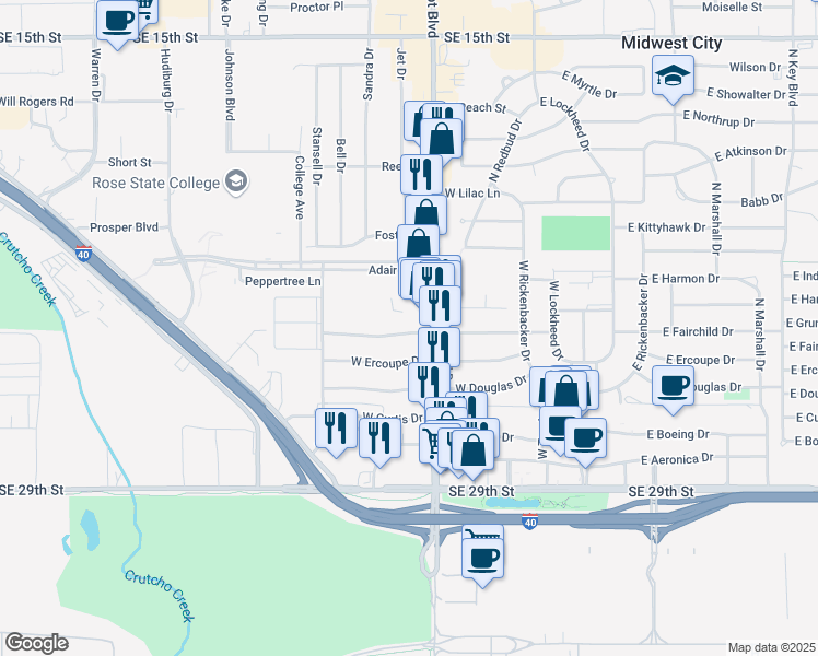 map of restaurants, bars, coffee shops, grocery stores, and more near 407 West Fairchild Drive in Midwest City