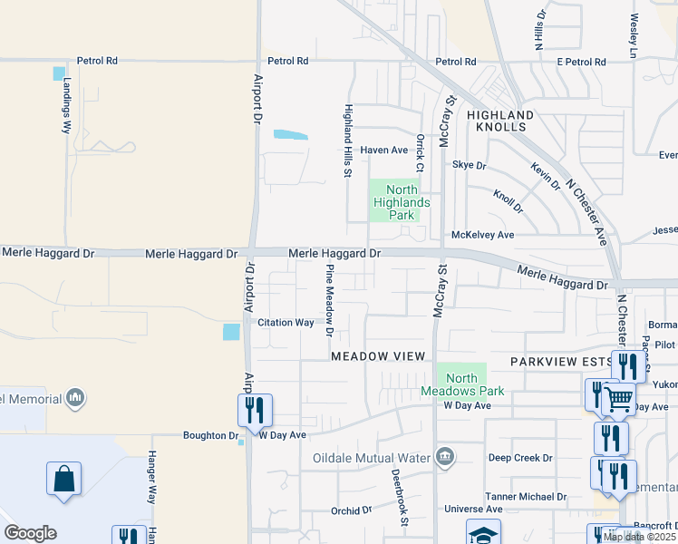 map of restaurants, bars, coffee shops, grocery stores, and more near 634 Blue Mountain Way in Bakersfield