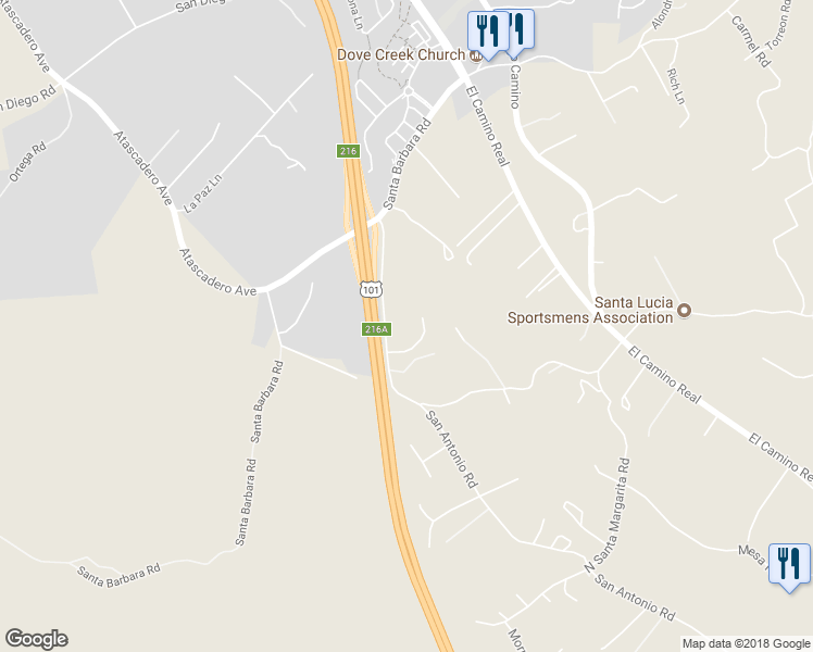 map of restaurants, bars, coffee shops, grocery stores, and more near 12250 San Antonio Road in Atascadero