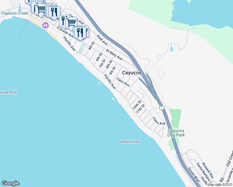 map of restaurants, bars, coffee shops, grocery stores, and more near 1136 Pacific Avenue in Cayucos