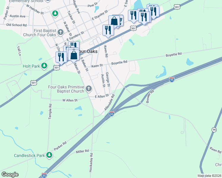 map of restaurants, bars, coffee shops, grocery stores, and more near 217 George Street in Four Oaks