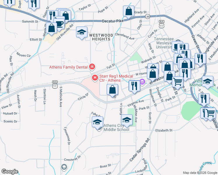 map of restaurants, bars, coffee shops, grocery stores, and more near 115 Fairview Avenue in Athens