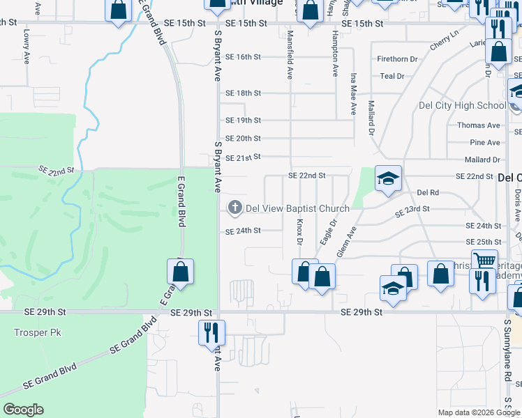 map of restaurants, bars, coffee shops, grocery stores, and more near 3237 Del Road in Del City