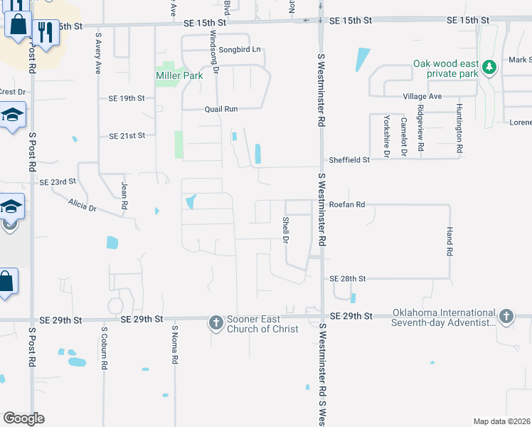 map of restaurants, bars, coffee shops, grocery stores, and more near 2328 Box Turtle Way in Midwest City